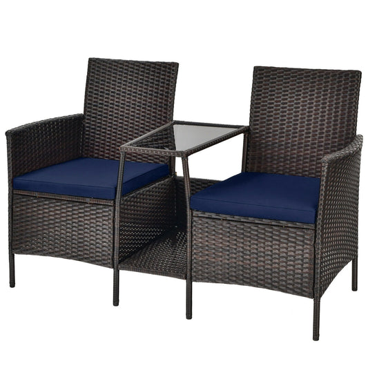 Patio Rattan Wicker Conversation Set Sofa Cushioned Loveseat Glass Table, Navy - Gallery Canada