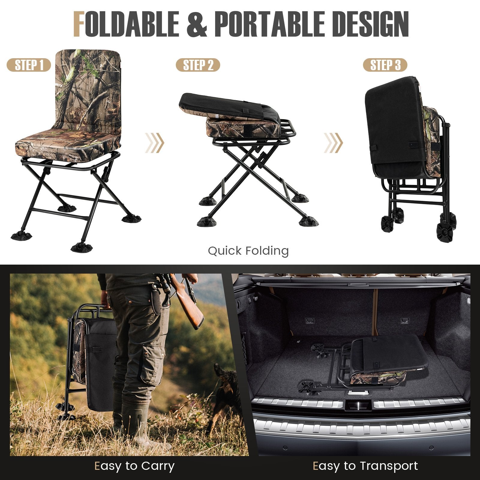 Swivel Folding Chair with Backrest and Padded Cushion, Camouflage Camping Furniture   at Gallery Canada