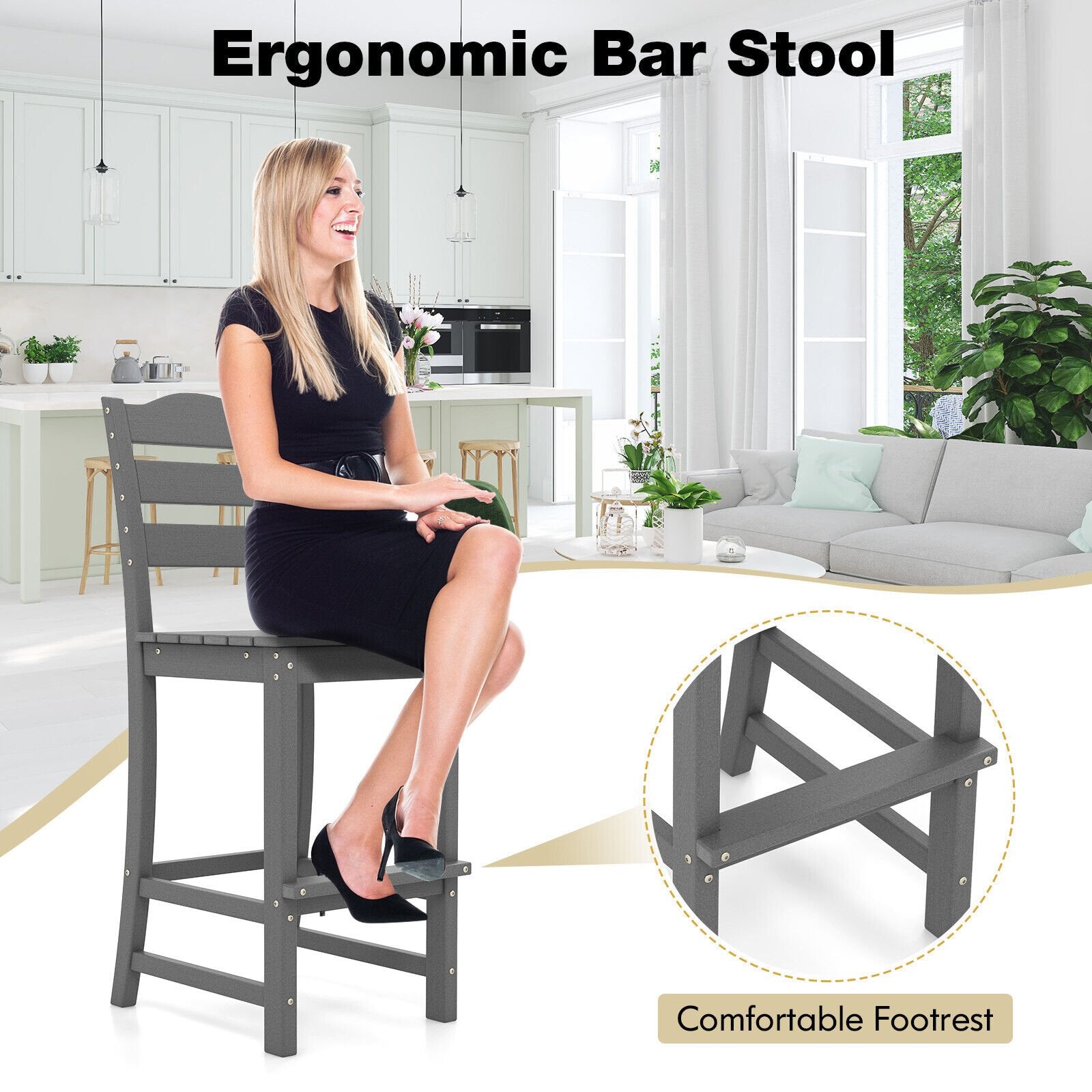 30 Inches Counter Height HDPE Bar Stool with Backrest and Footrest, Gray Patio Bar Furniture   at Gallery Canada