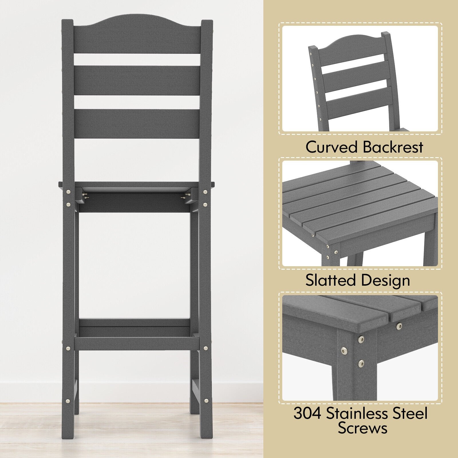 30 Inches Counter Height HDPE Bar Stool with Backrest and Footrest, Gray Patio Bar Furniture   at Gallery Canada