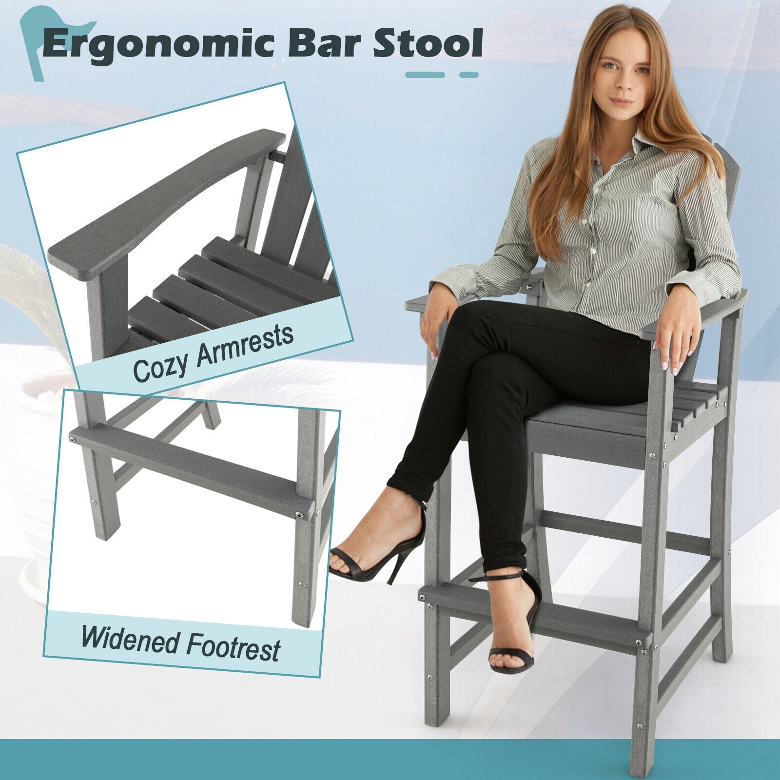 30 Inches Counter Height Outdoor HDPE Bar Stool with Armrests and Footrest, Gray Patio Bar Furniture   at Gallery Canada