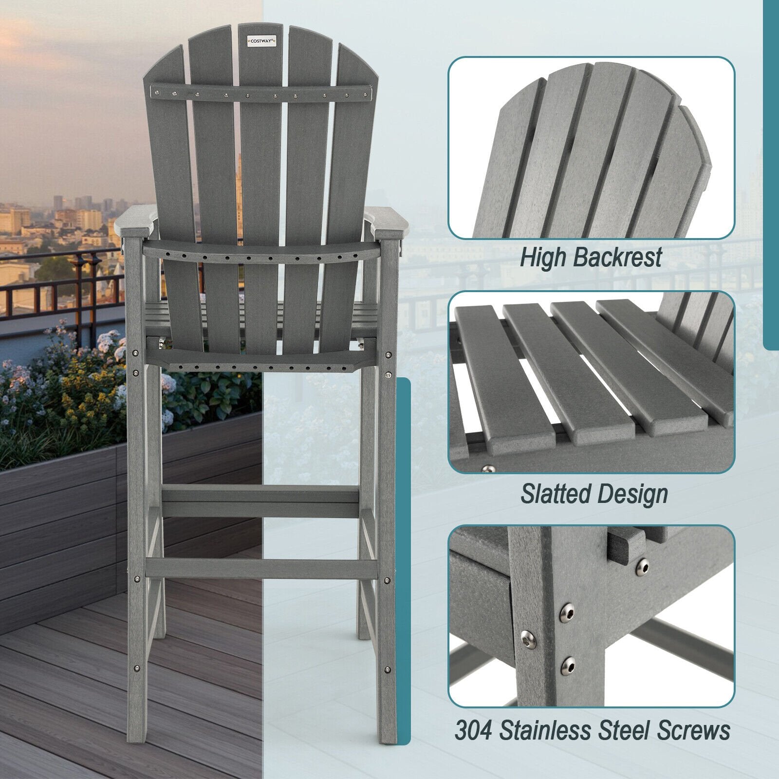 30 Inches Counter Height Outdoor HDPE Bar Stool with Armrests and Footrest, Gray Patio Bar Furniture   at Gallery Canada