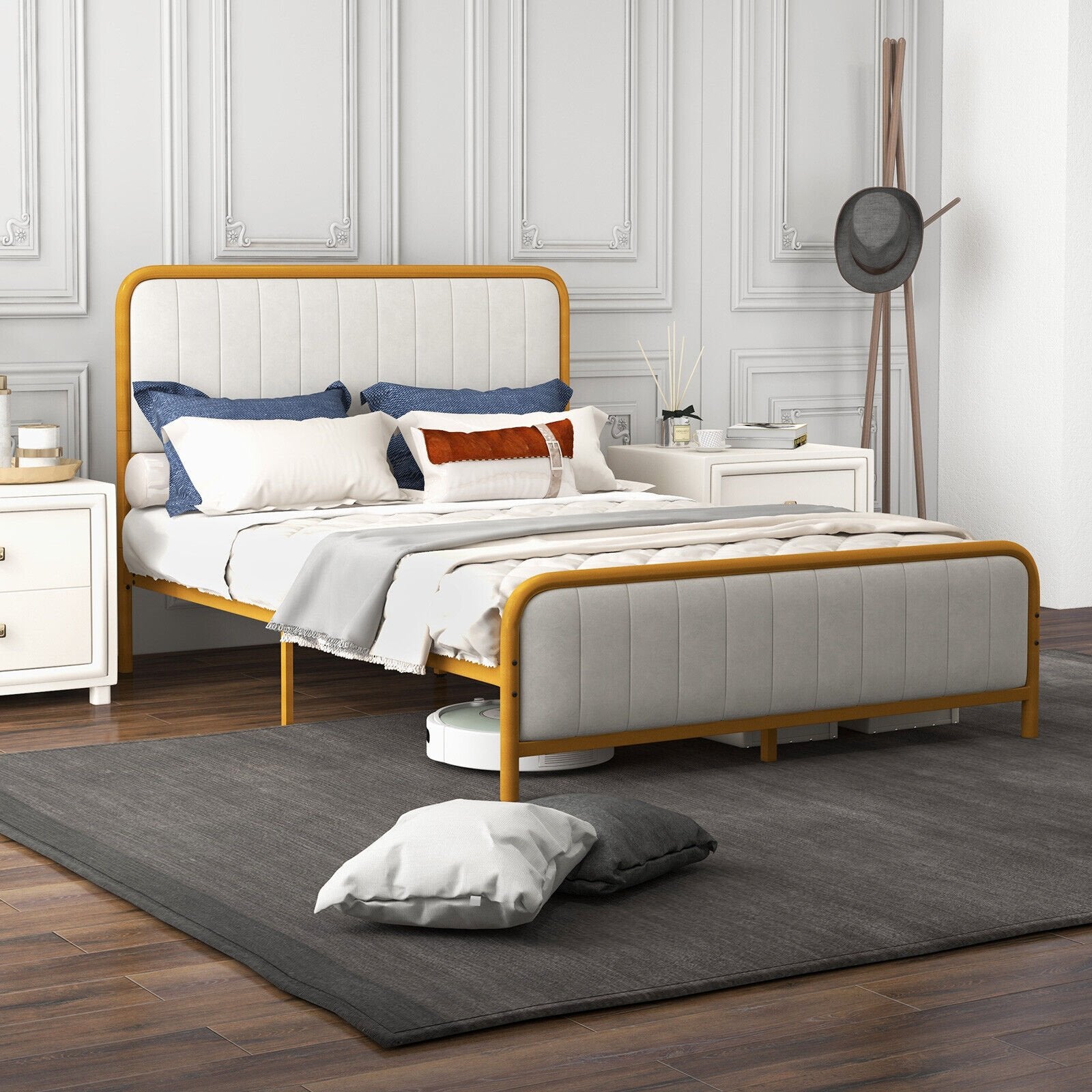 Upholstered Gold Platform Bed Frame with Velvet Headboard-Full Size, Golden Simple Bed Frame   at Gallery Canada