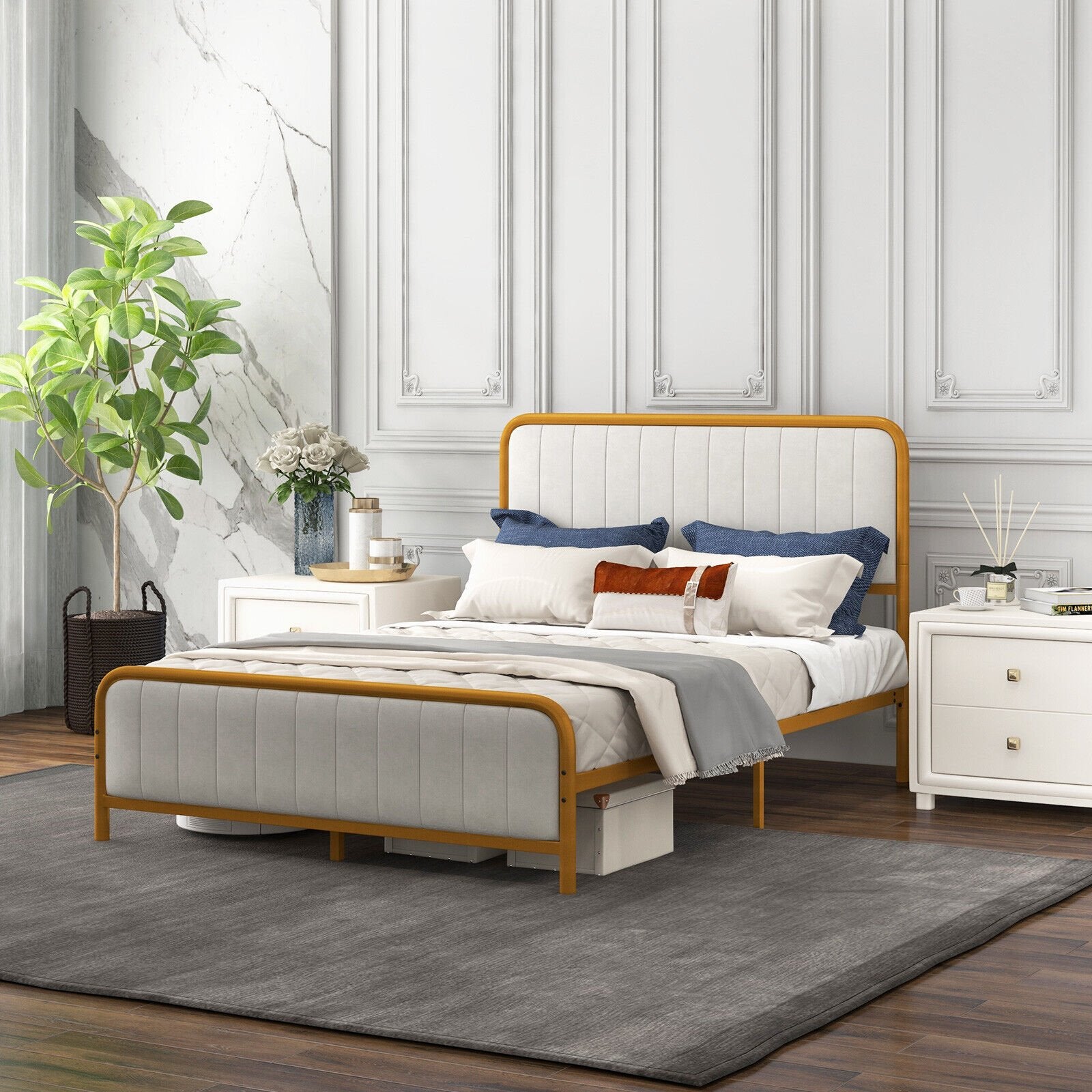 Upholstered Gold Platform Bed Frame with Velvet Headboard-Full Size, Golden Simple Bed Frame   at Gallery Canada