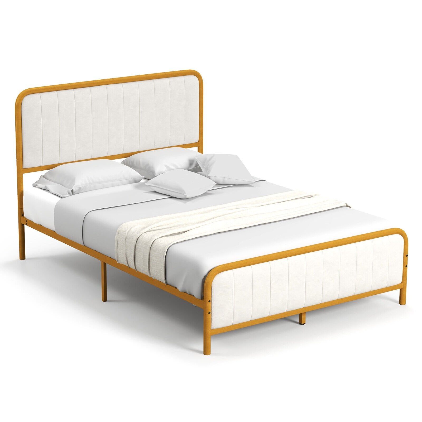 Upholstered Gold Platform Bed Frame with Velvet Headboard-Full Size, Golden Simple Bed Frame   at Gallery Canada