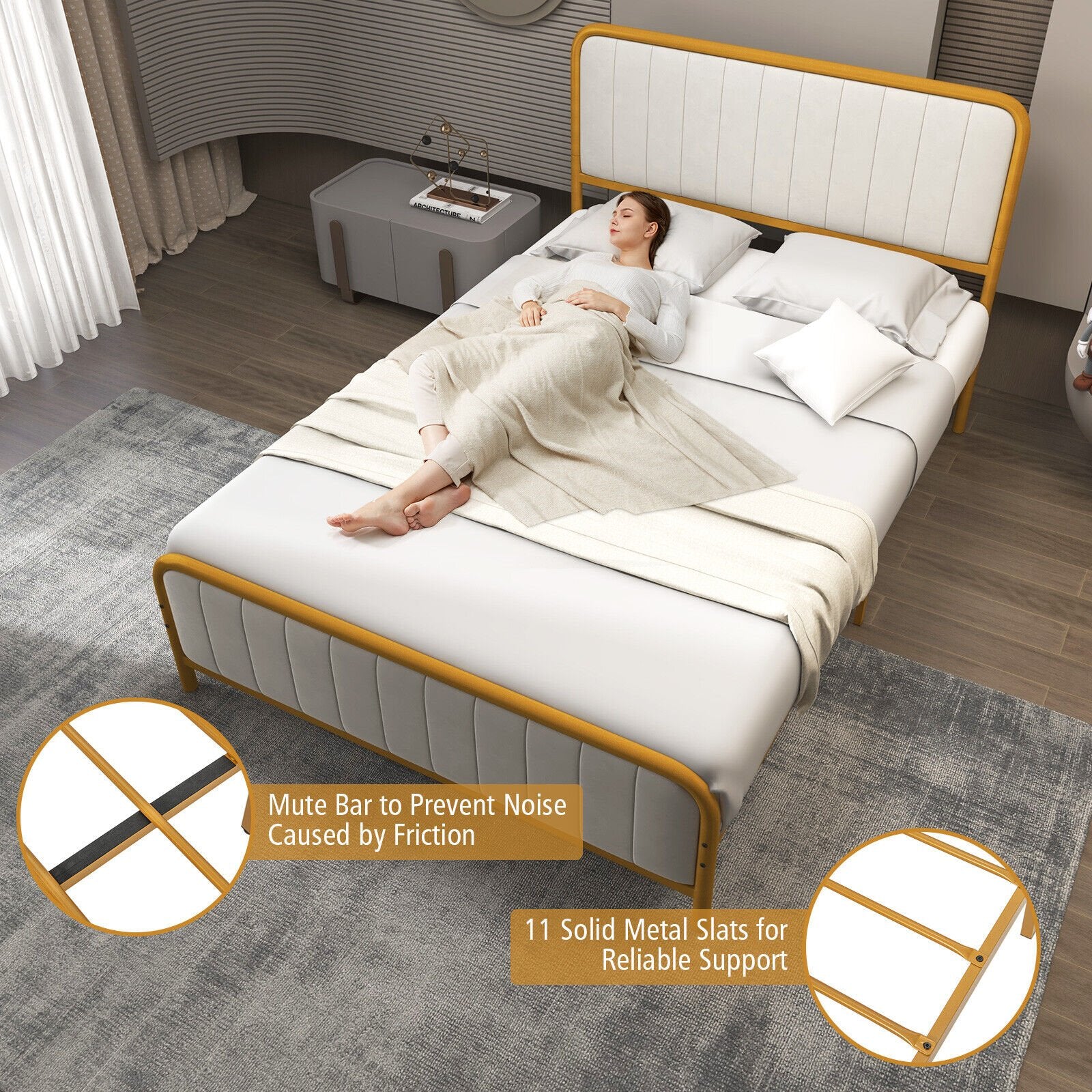 Upholstered Gold Platform Bed Frame with Velvet Headboard-Full Size, Golden Simple Bed Frame   at Gallery Canada