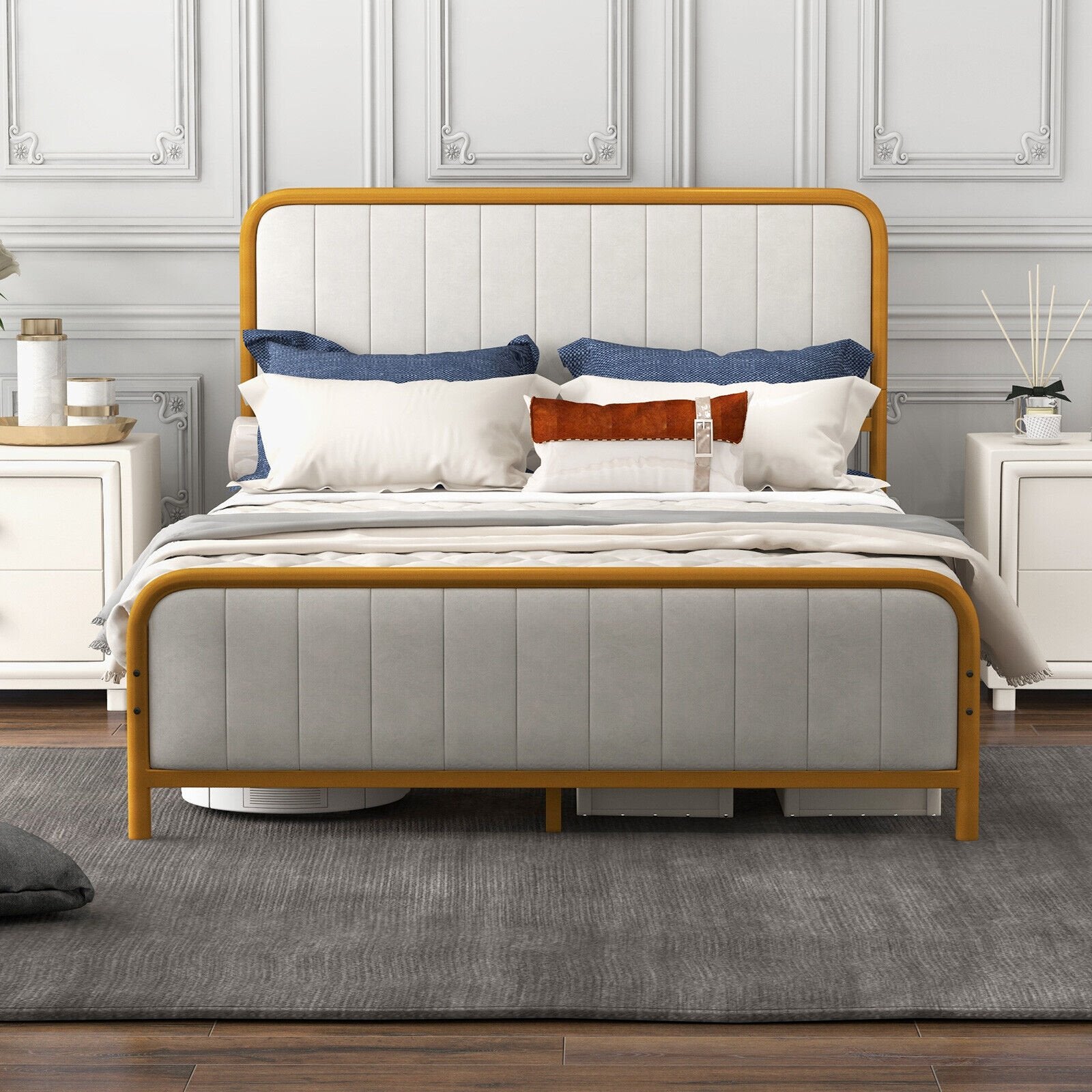 Upholstered Gold Platform Bed Frame with Velvet Headboard-Full Size, Golden Simple Bed Frame   at Gallery Canada