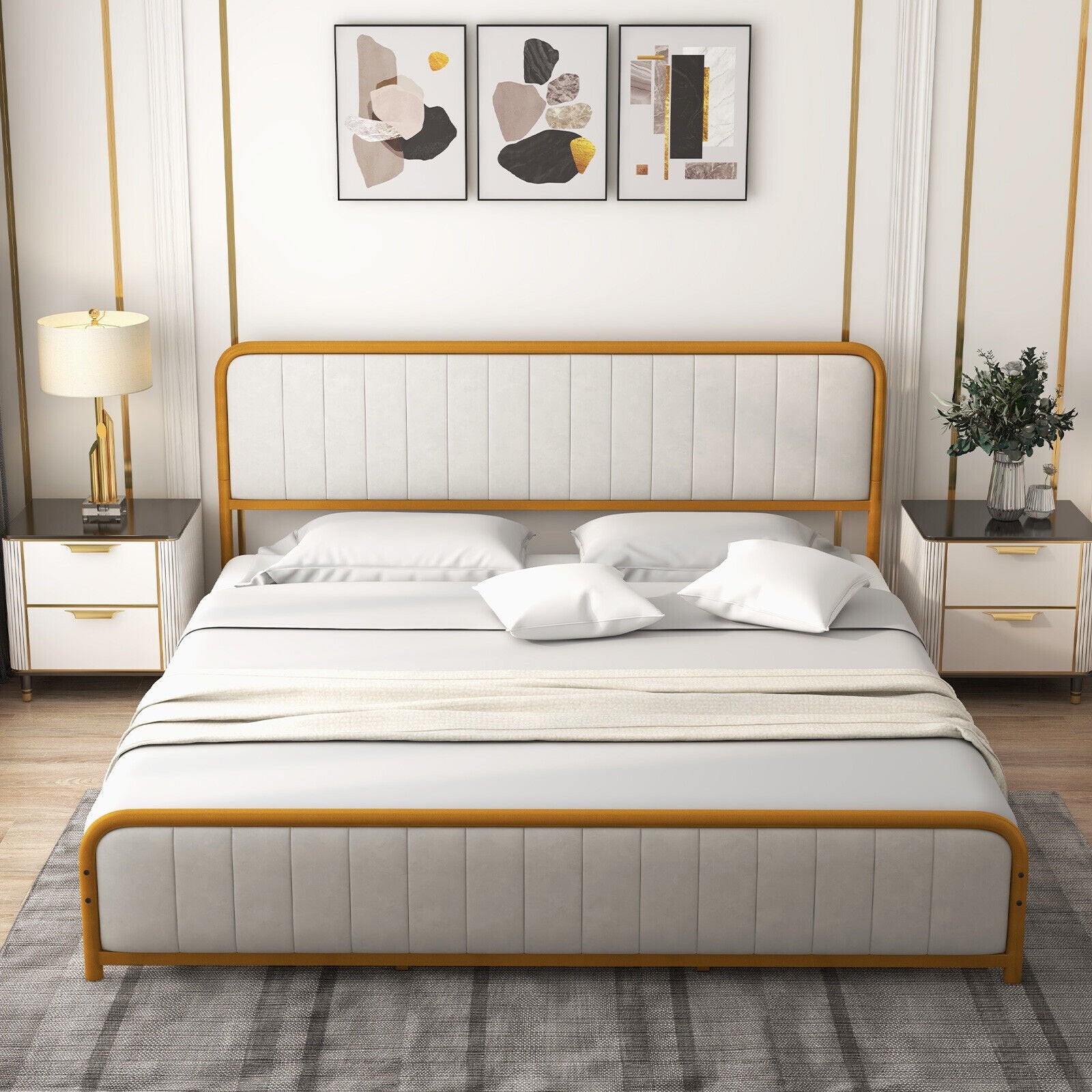 Upholstered Gold Platform Bed Frame with Velvet Headboard-King Size, Golden - Gallery Canada