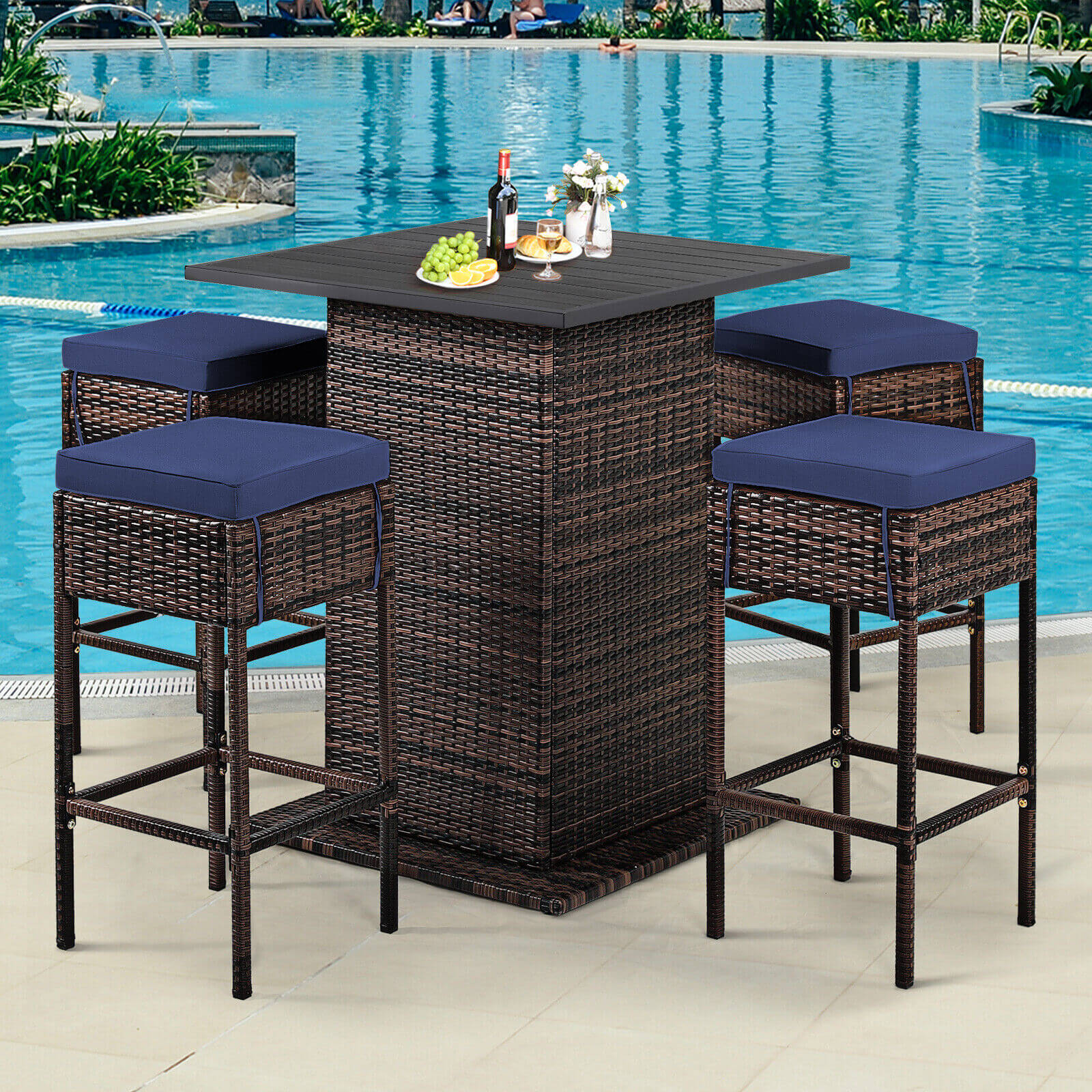 5 Pieces Patio Rattan Bar Table Stool Set Hidden Storage Shelf Cushioned, Navy Patio Bar Furniture   at Gallery Canada