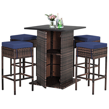 5 Pieces Patio Rattan Bar Table Stool Set Hidden Storage Shelf Cushioned, Navy Patio Bar Furniture   at Gallery Canada