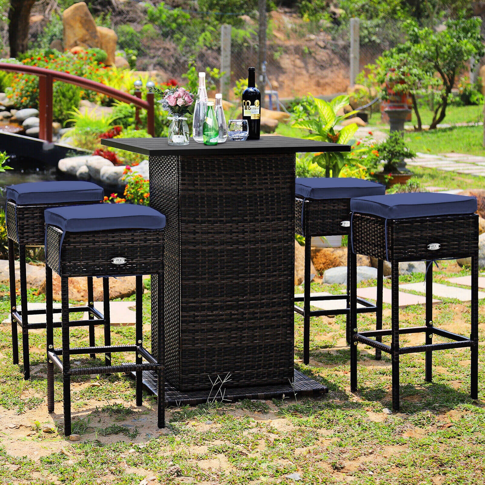 5 Pieces Patio Rattan Bar Table Stool Set Hidden Storage Shelf Cushioned, Navy Patio Bar Furniture   at Gallery Canada