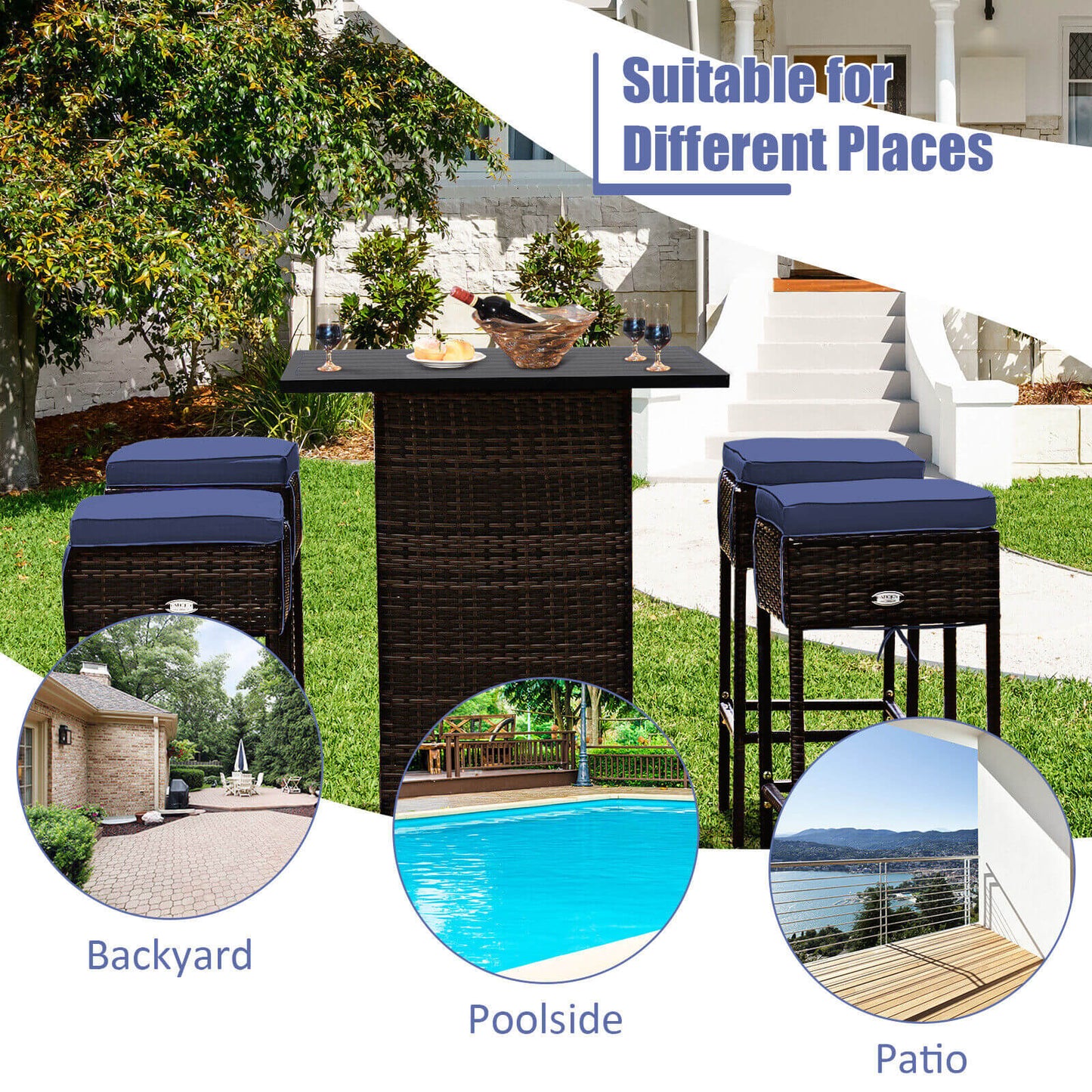 5 Pieces Patio Rattan Bar Table Stool Set Hidden Storage Shelf Cushioned, Navy Patio Bar Furniture   at Gallery Canada