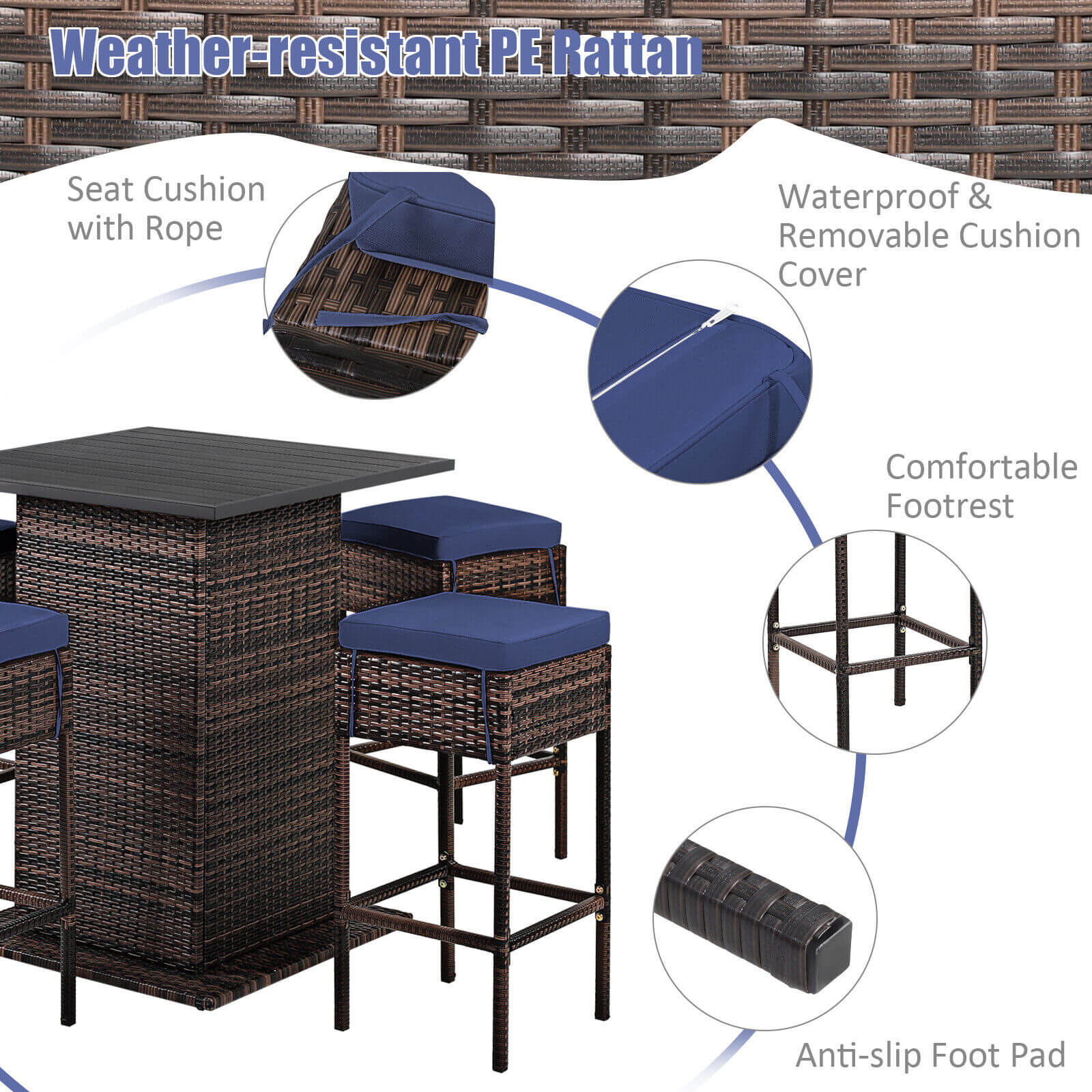 5 Pieces Patio Rattan Bar Table Stool Set Hidden Storage Shelf Cushioned, Navy Patio Bar Furniture   at Gallery Canada