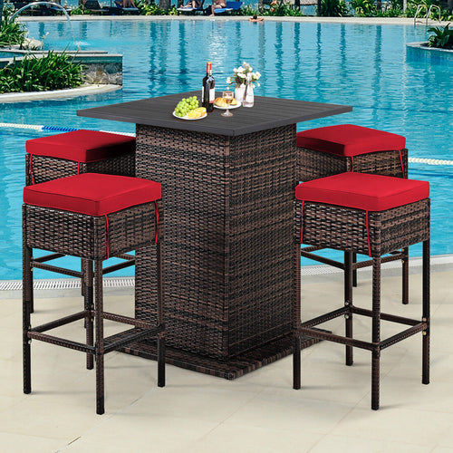 5 Pieces Patio Rattan Bar Table Stool Set Hidden Storage Shelf Cushioned, Red