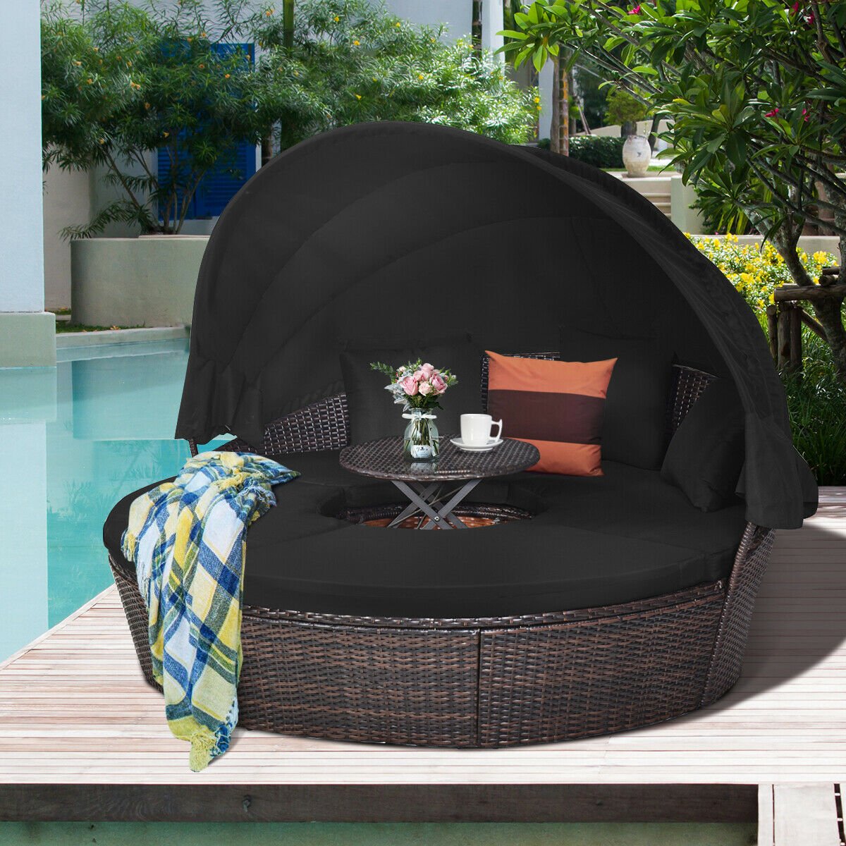 Outdoor Daybed with Retractable Canopy, Black Patio Furniture Sets   at Gallery Canada