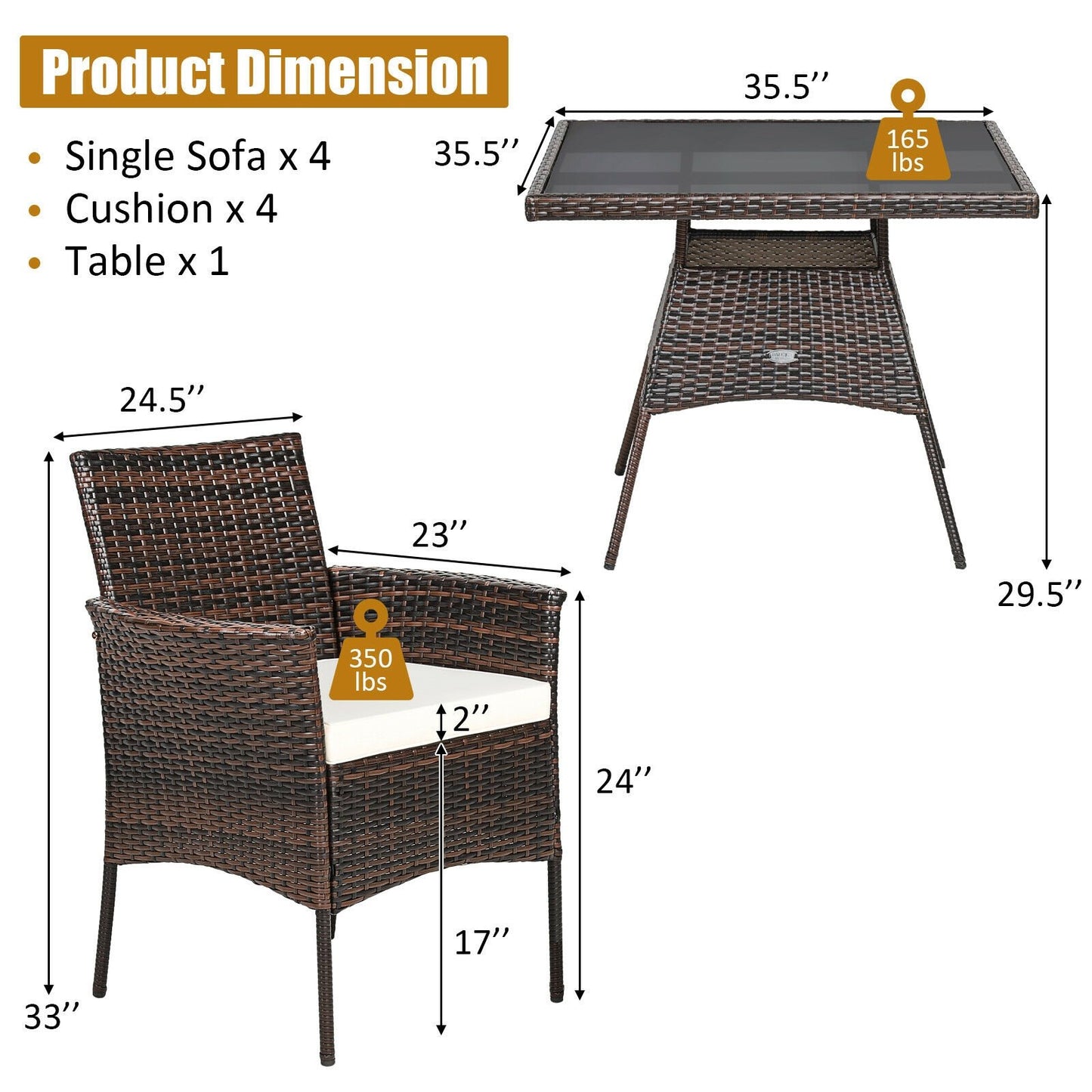 Outdoor 5 Pieces Dining Table Set with 1 Table and 4 Single Sofas, Brown - Gallery Canada