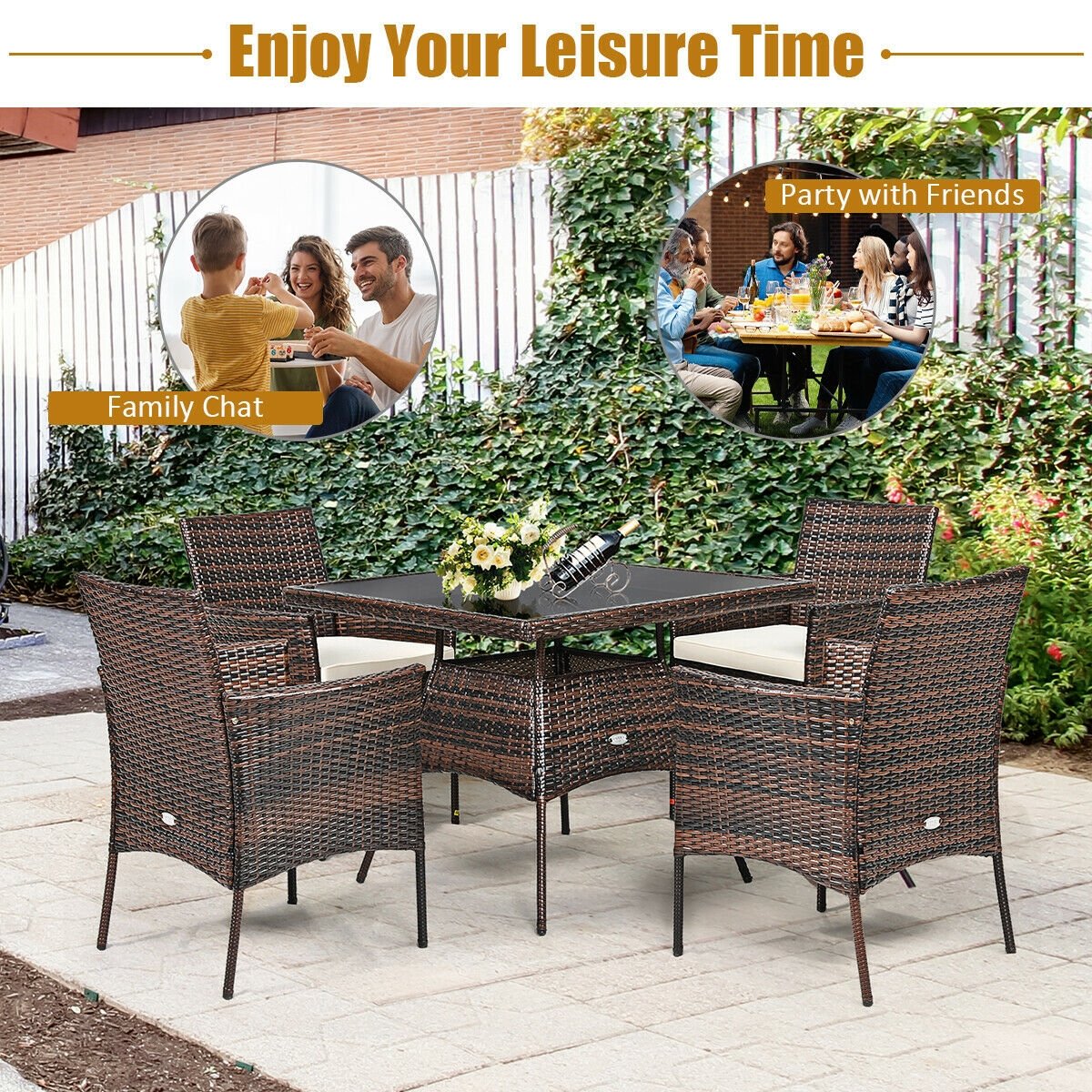 Outdoor 5 Pieces Dining Table Set with 1 Table and 4 Single Sofas, Brown - Gallery Canada