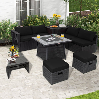 9 Pieces Outdoor Wicker Sectional with 35 Inch Gas Fire Pit Table, Black - Gallery Canada