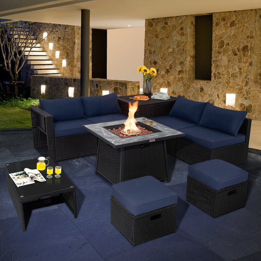 9 Pieces Outdoor Wicker Sectional with 35 Inch Gas Fire Pit Table, Navy Outdoor Sectionals   at Gallery Canada