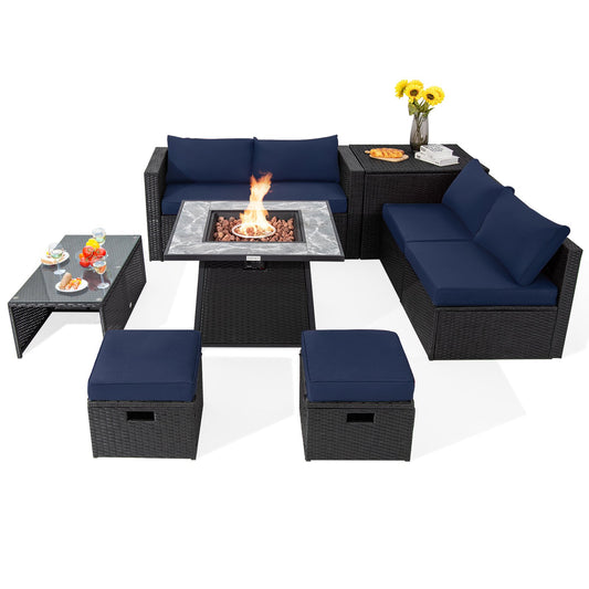 9 Pieces Outdoor Wicker Sectional with 35 Inch Gas Fire Pit Table, Navy Outdoor Sectionals   at Gallery Canada