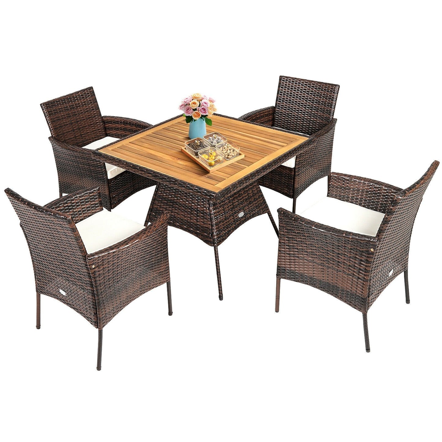 5 Pieces Patio Rattan Dining Furniture Set with Arm Chair and Wooden Table Top, Brown Patio Dining Sets   at Gallery Canada