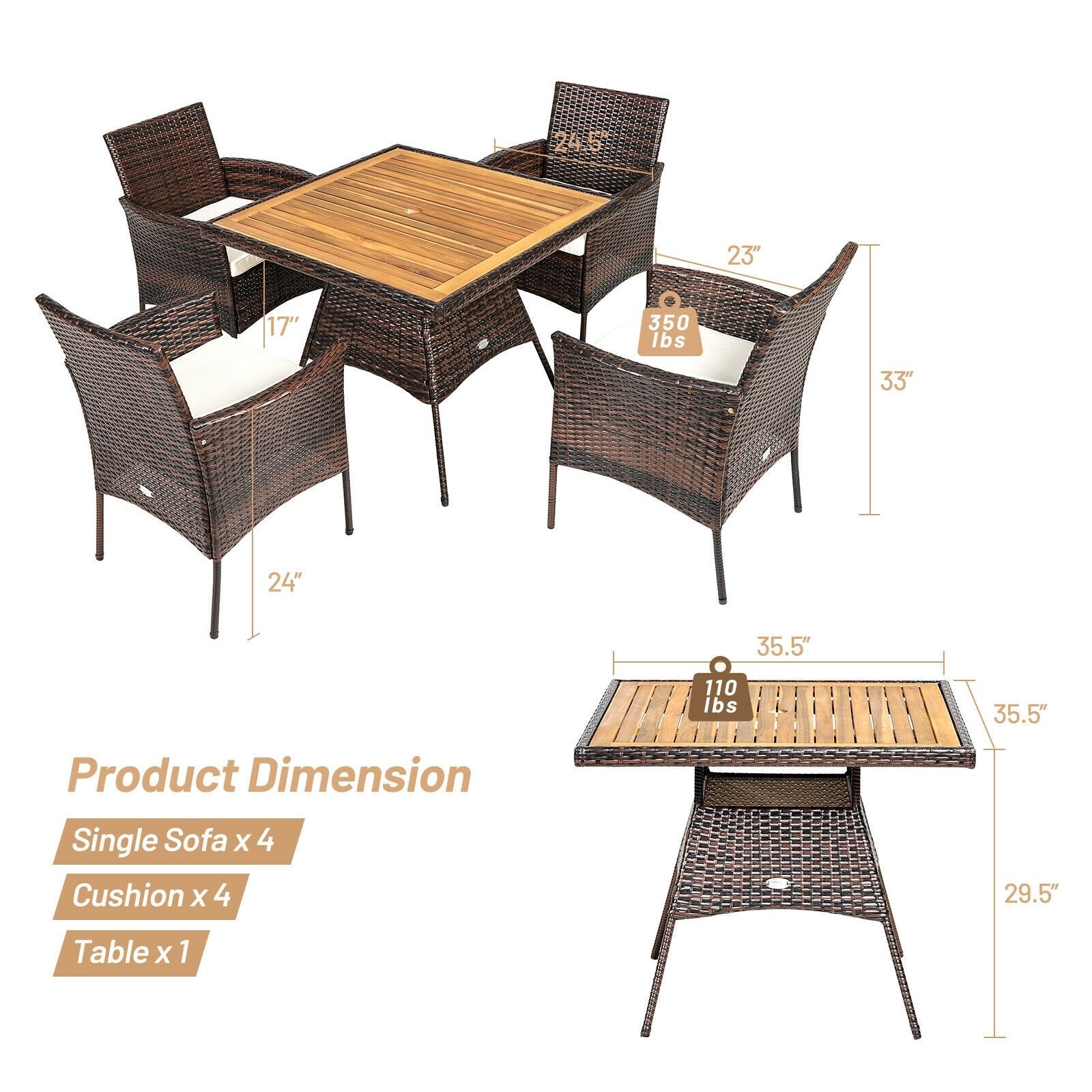 5 Pieces Patio Rattan Dining Furniture Set with Arm Chair and Wooden Table Top, Brown Patio Dining Sets   at Gallery Canada