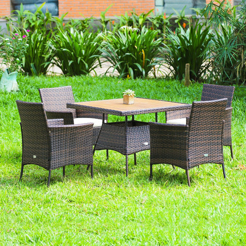 5 Pieces Patio Rattan Dining Furniture Set with Arm Chair and Wooden Table Top, Brown