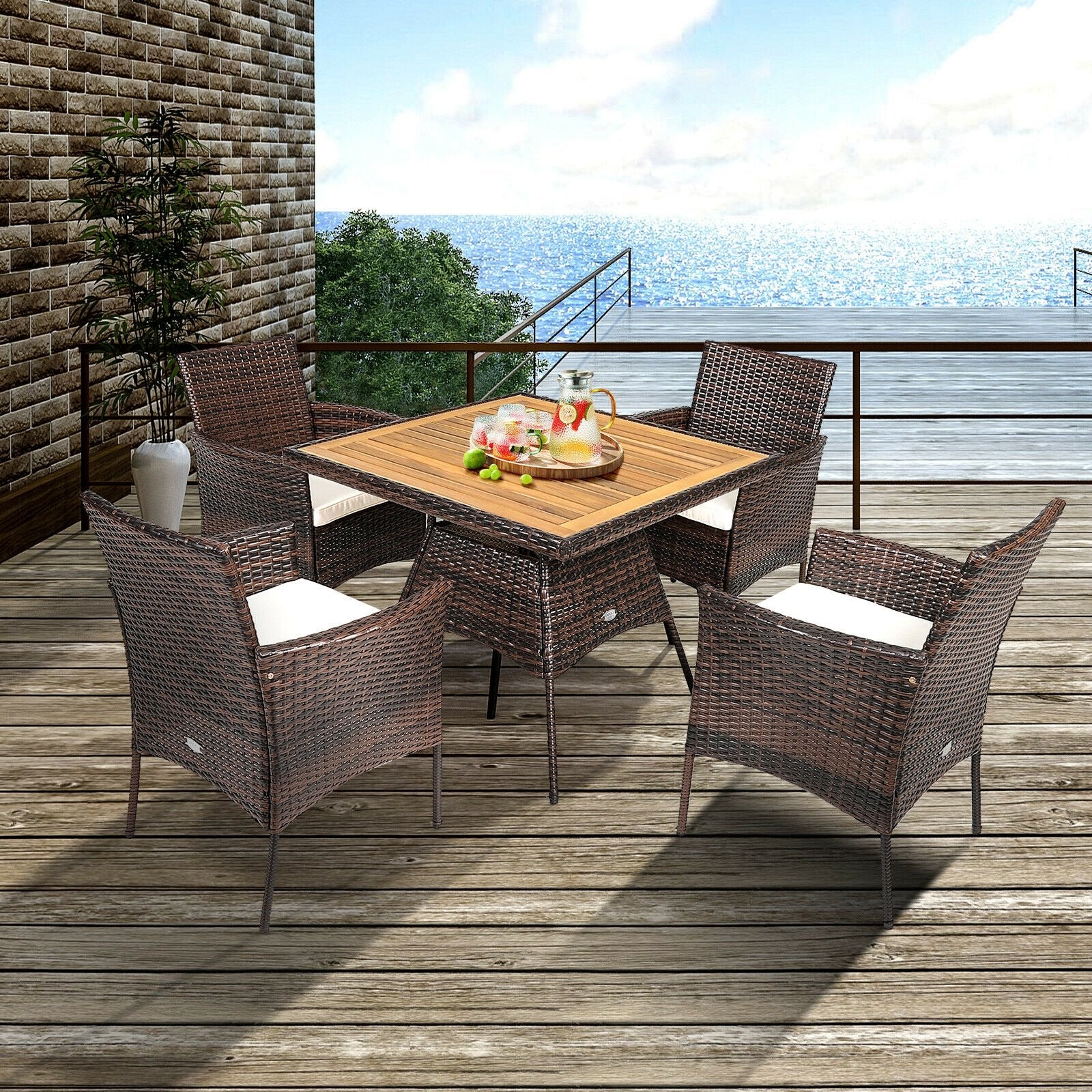 5 Pieces Patio Rattan Dining Furniture Set with Arm Chair and Wooden Table Top, Brown Patio Dining Sets   at Gallery Canada