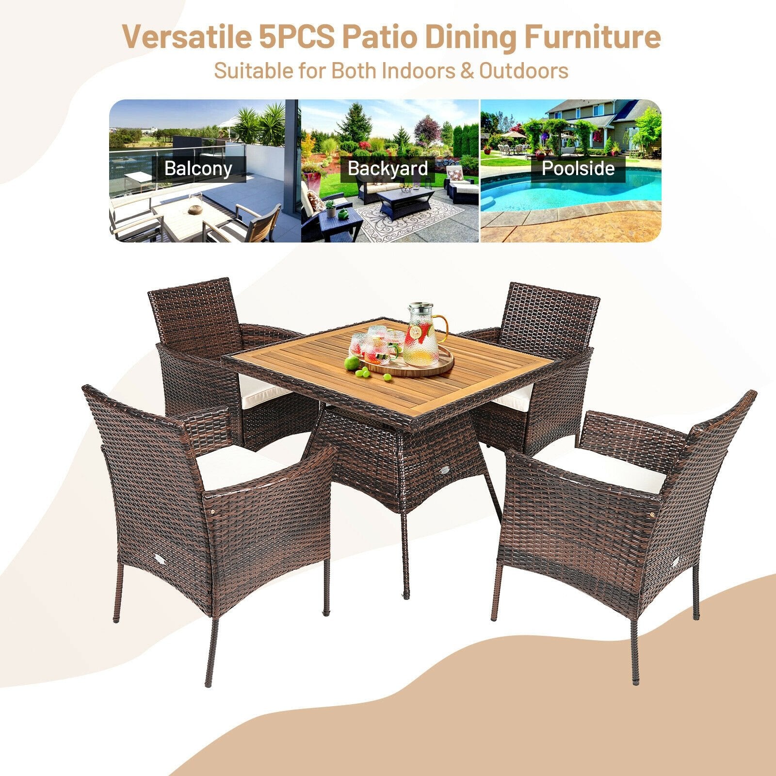 5 Pieces Patio Rattan Dining Furniture Set with Arm Chair and Wooden Table Top, Brown Patio Dining Sets   at Gallery Canada