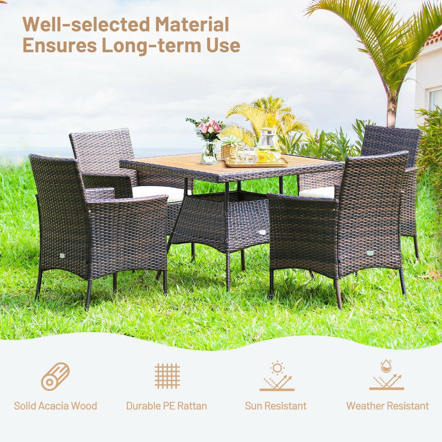 5 Pieces Patio Rattan Dining Furniture Set with Arm Chair and Wooden Table Top, Brown Patio Dining Sets   at Gallery Canada