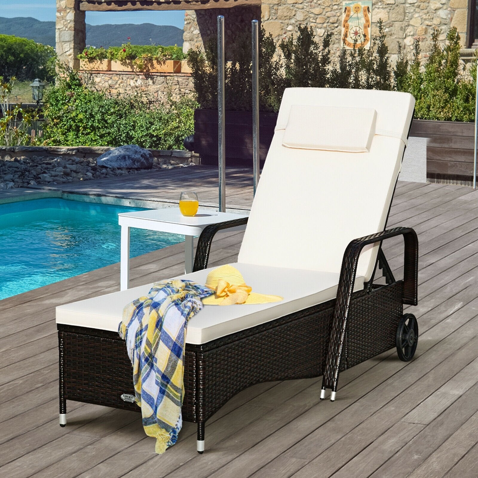 Outdoor Recliner Cushioned Chaise Lounge with Adjustable Backrest, White Outdoor Chaise Lounges   at Gallery Canada