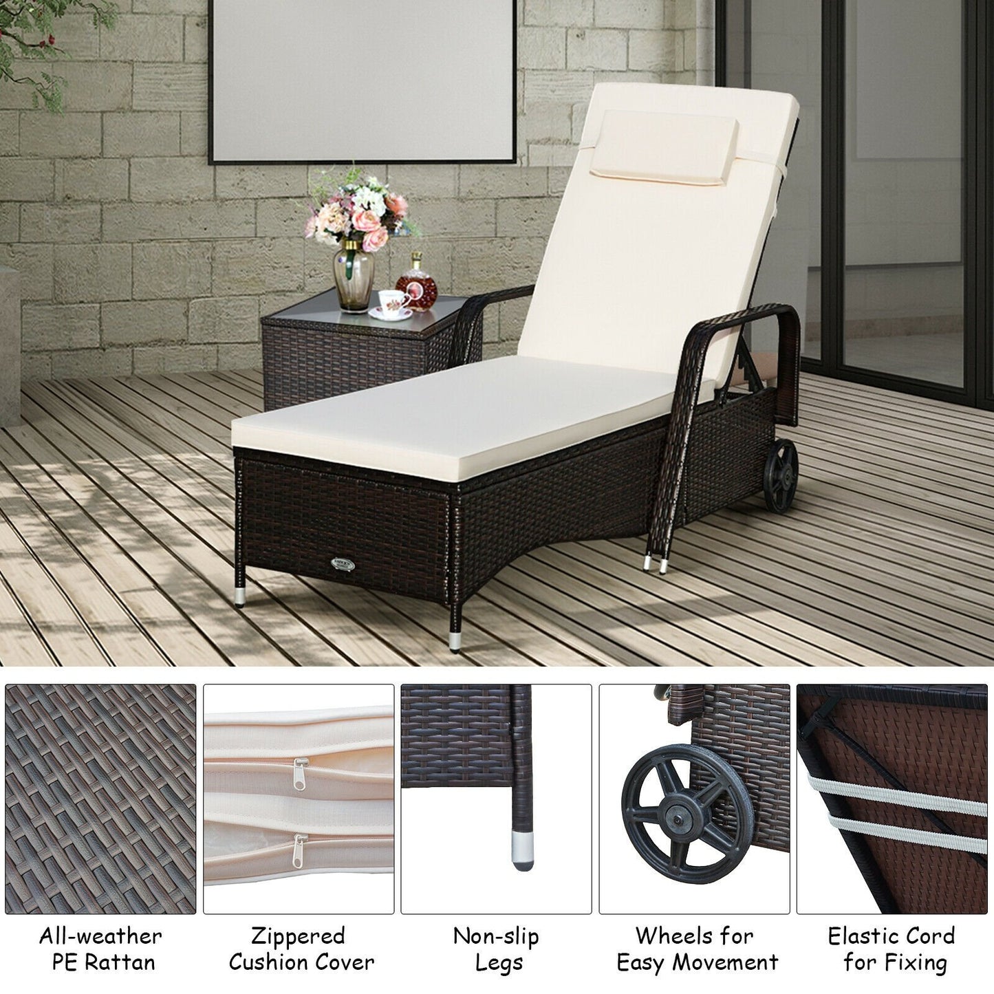 Outdoor Recliner Cushioned Chaise Lounge with Adjustable Backrest, White Outdoor Chaise Lounges   at Gallery Canada