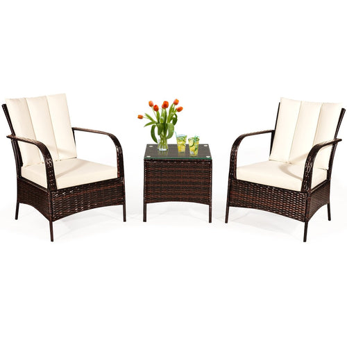 3 Pieces Patio Conversation Rattan Furniture Set with Cushions, White