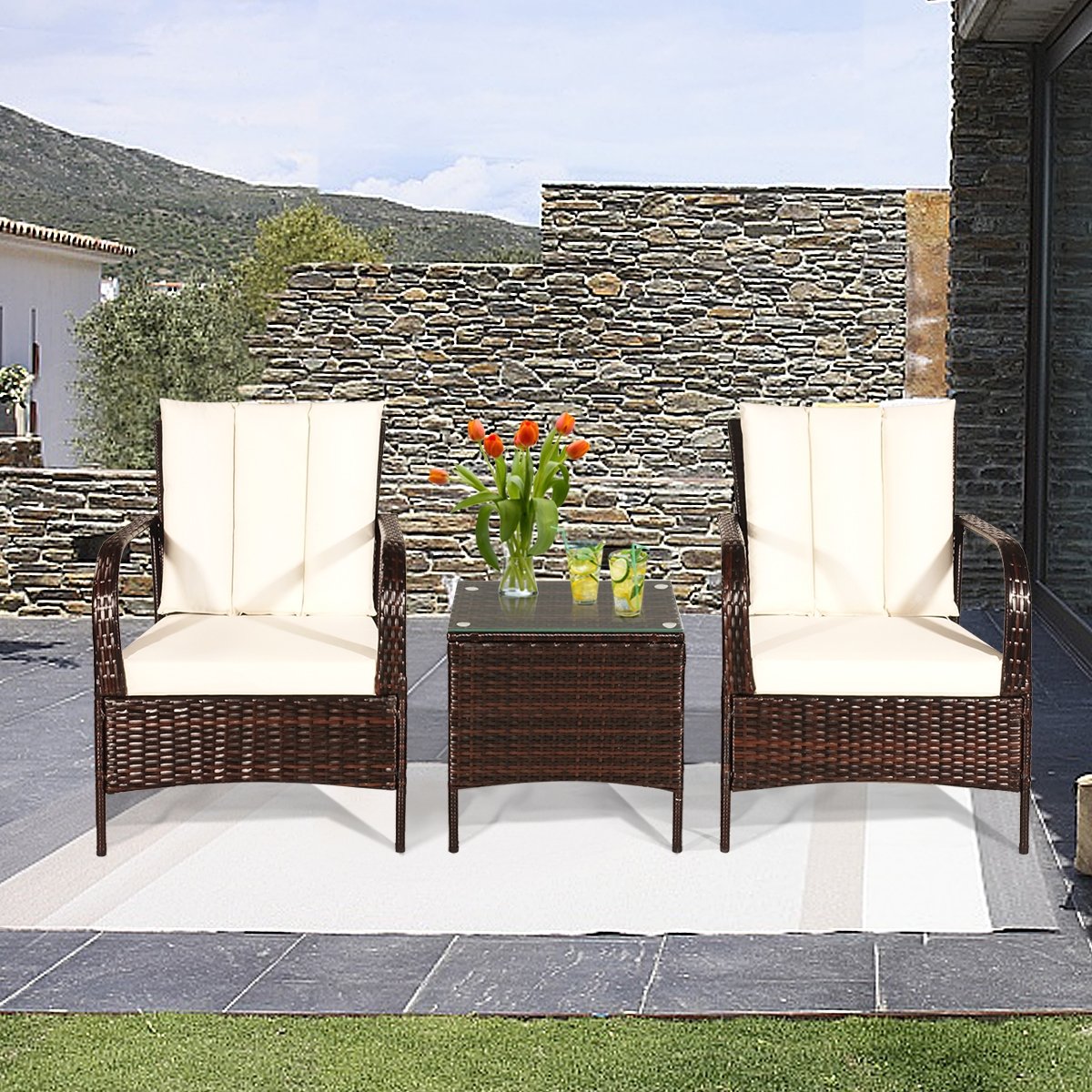 3 Pieces Patio Conversation Rattan Furniture Set with Cushions, White Patio Conversation Sets   at Gallery Canada