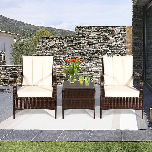 3 Pieces Patio Conversation Rattan Furniture Set with Cushions, White