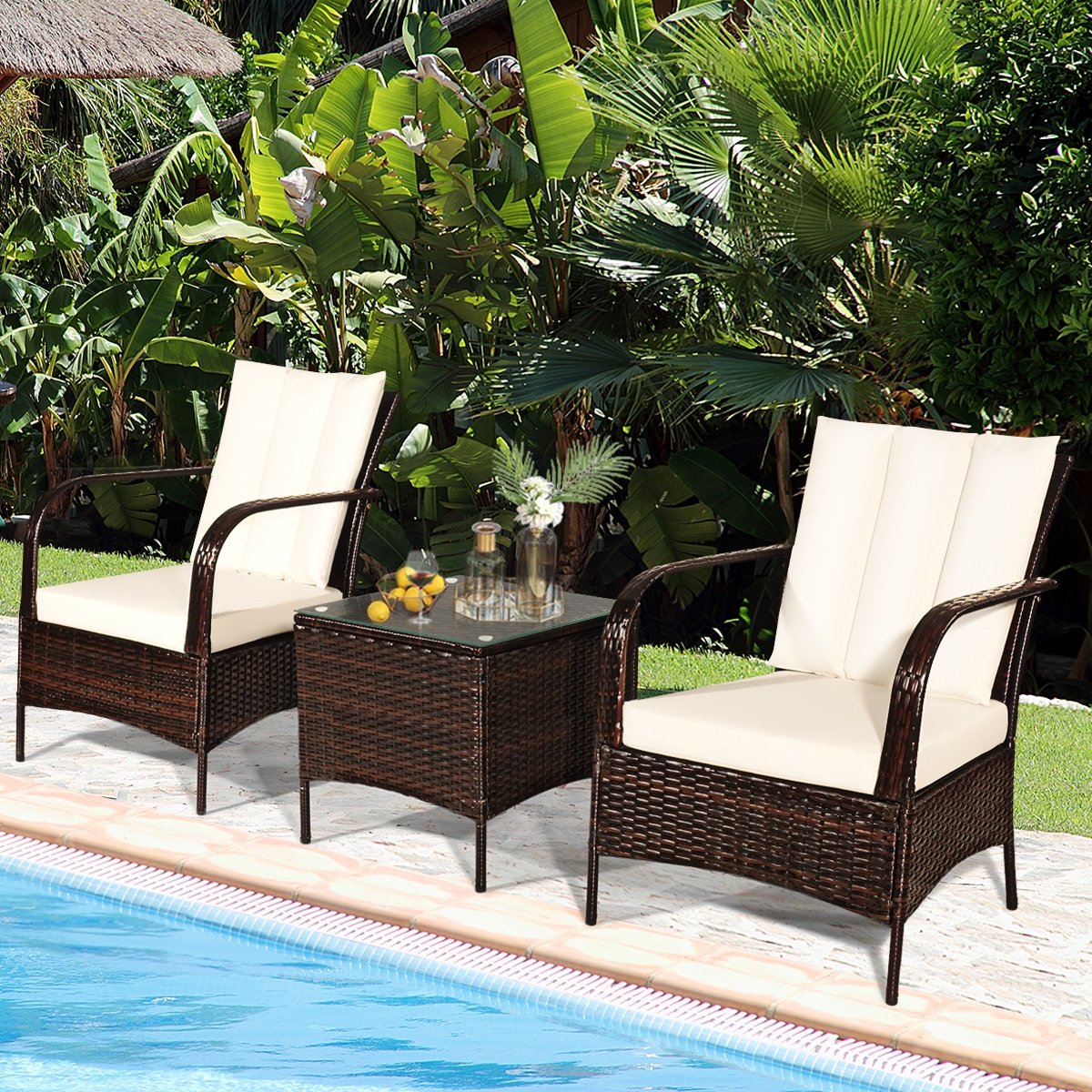 3 Pieces Patio Conversation Rattan Furniture Set with Cushions, White Patio Conversation Sets   at Gallery Canada