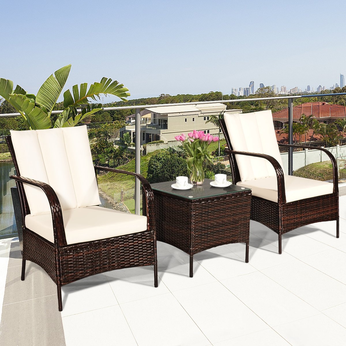 3 Pieces Patio Conversation Rattan Furniture Set with Cushions, White Patio Conversation Sets   at Gallery Canada