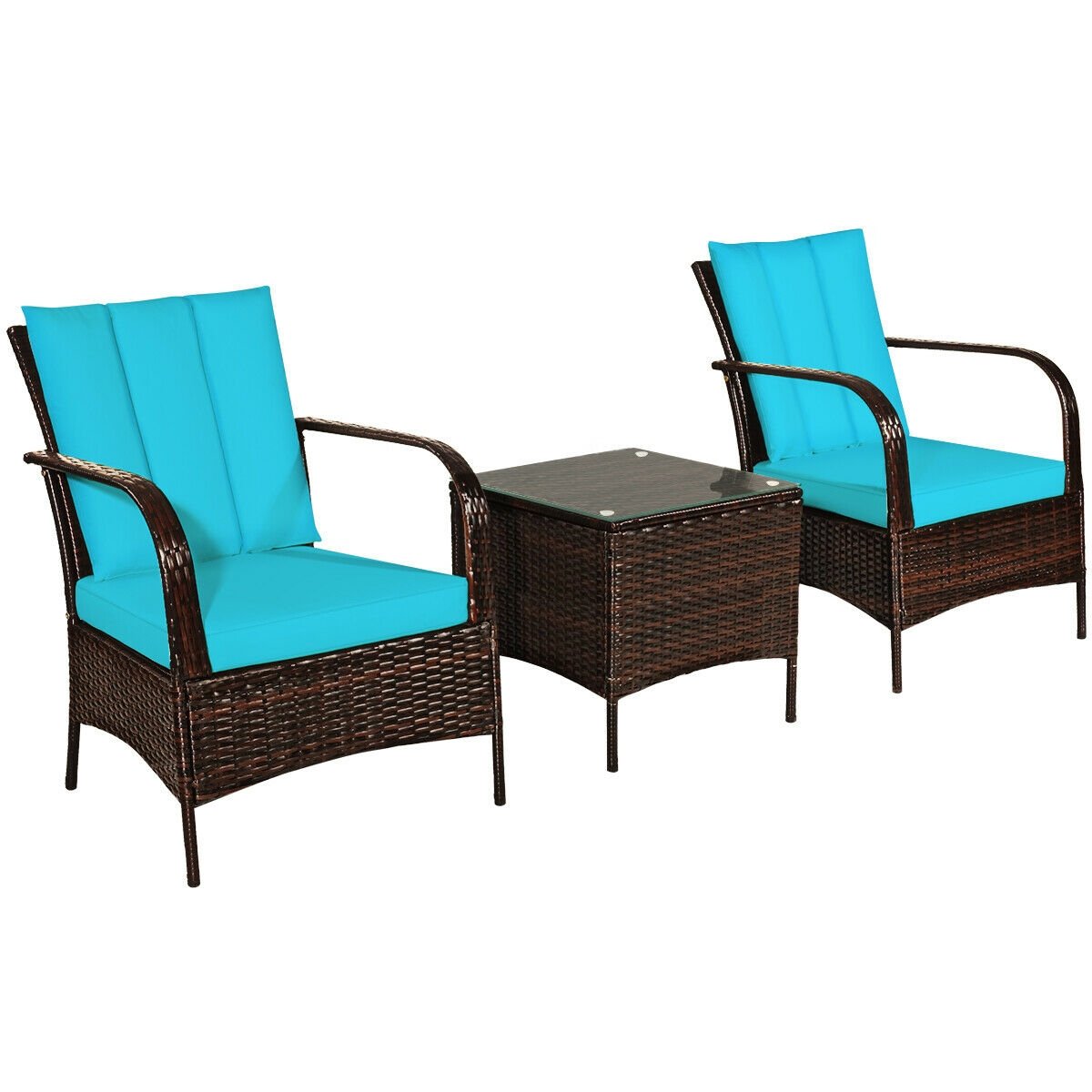 3 Pieces Patio Conversation Rattan Furniture Set with Cushions, Turquoise Patio Conversation Sets   at Gallery Canada