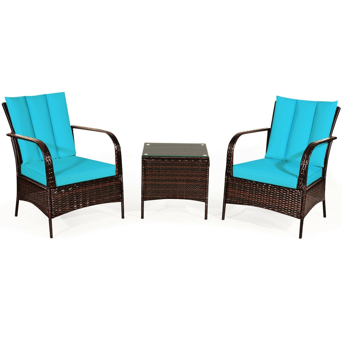 3 Pieces Patio Conversation Rattan Furniture Set with Cushions, Turquoise Patio Conversation Sets   at Gallery Canada