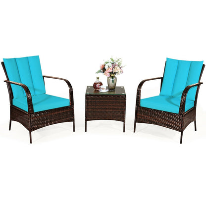 3 Pieces Patio Conversation Rattan Furniture Set with Cushions, Turquoise Patio Conversation Sets   at Gallery Canada