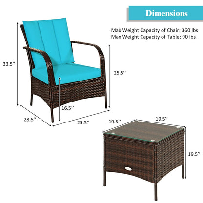 3 Pieces Patio Conversation Rattan Furniture Set with Cushions, Turquoise Patio Conversation Sets   at Gallery Canada