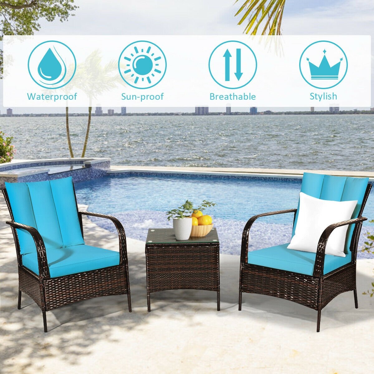 3 Pieces Patio Conversation Rattan Furniture Set with Cushions, Turquoise Patio Conversation Sets   at Gallery Canada