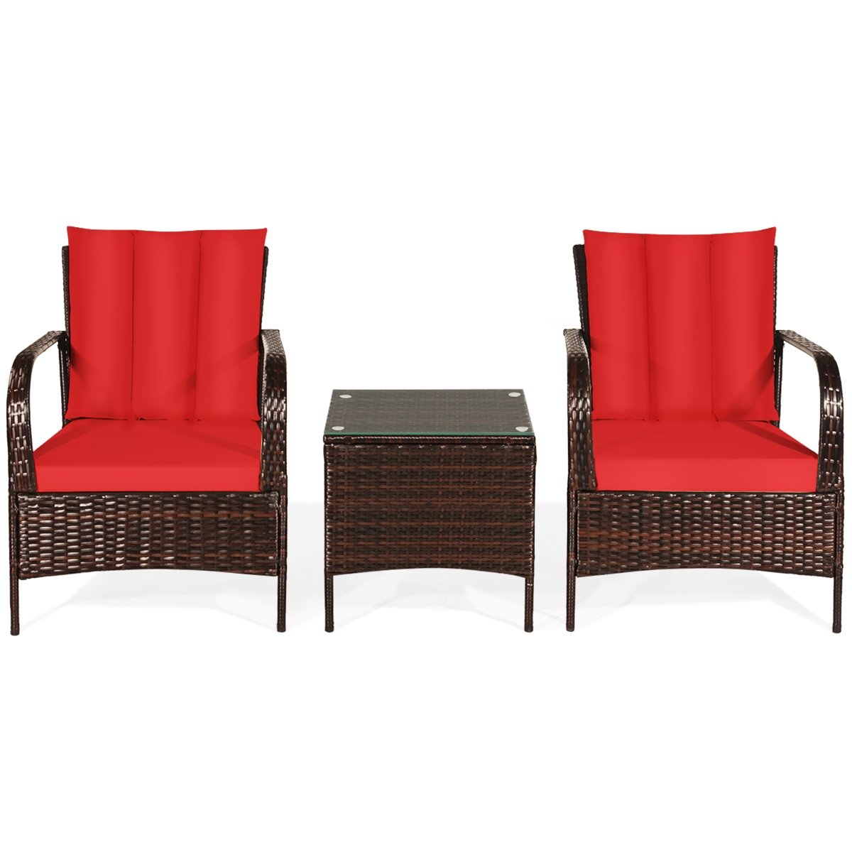 3 Pieces Patio Conversation Rattan Furniture Set with Cushions, Red Patio Conversation Sets   at Gallery Canada