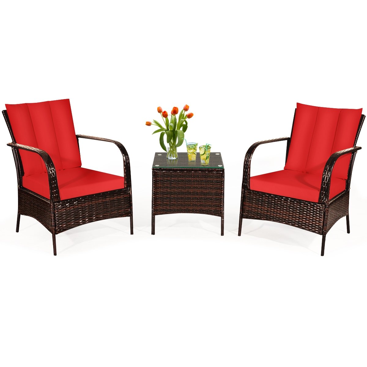 3 Pieces Patio Conversation Rattan Furniture Set with Cushions, Red Patio Conversation Sets   at Gallery Canada