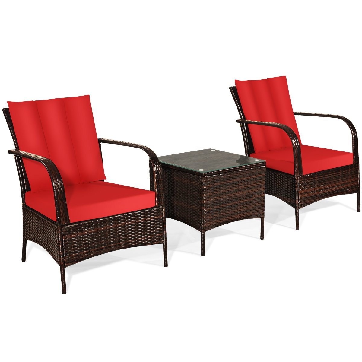 3 Pieces Patio Conversation Rattan Furniture Set with Cushions, Red Patio Conversation Sets   at Gallery Canada