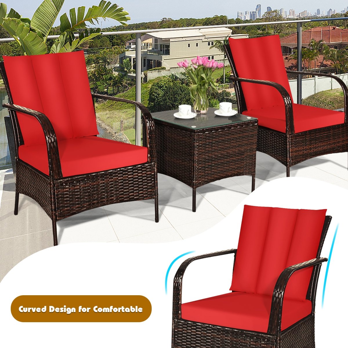 3 Pieces Patio Conversation Rattan Furniture Set with Cushions, Red Patio Conversation Sets   at Gallery Canada