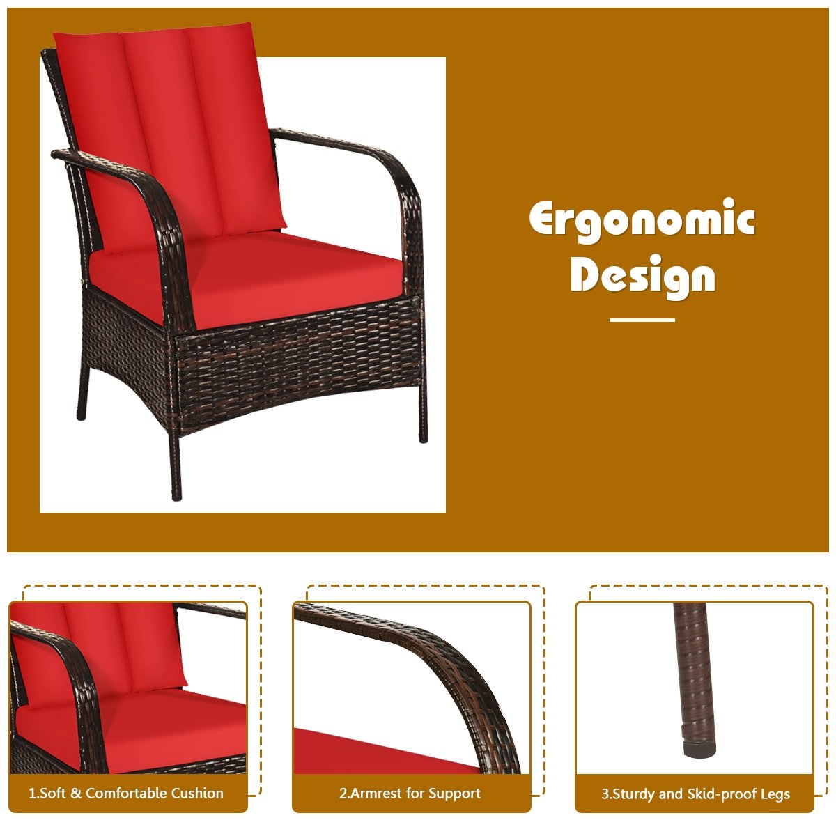 3 Pieces Patio Conversation Rattan Furniture Set with Cushions, Red Patio Conversation Sets   at Gallery Canada