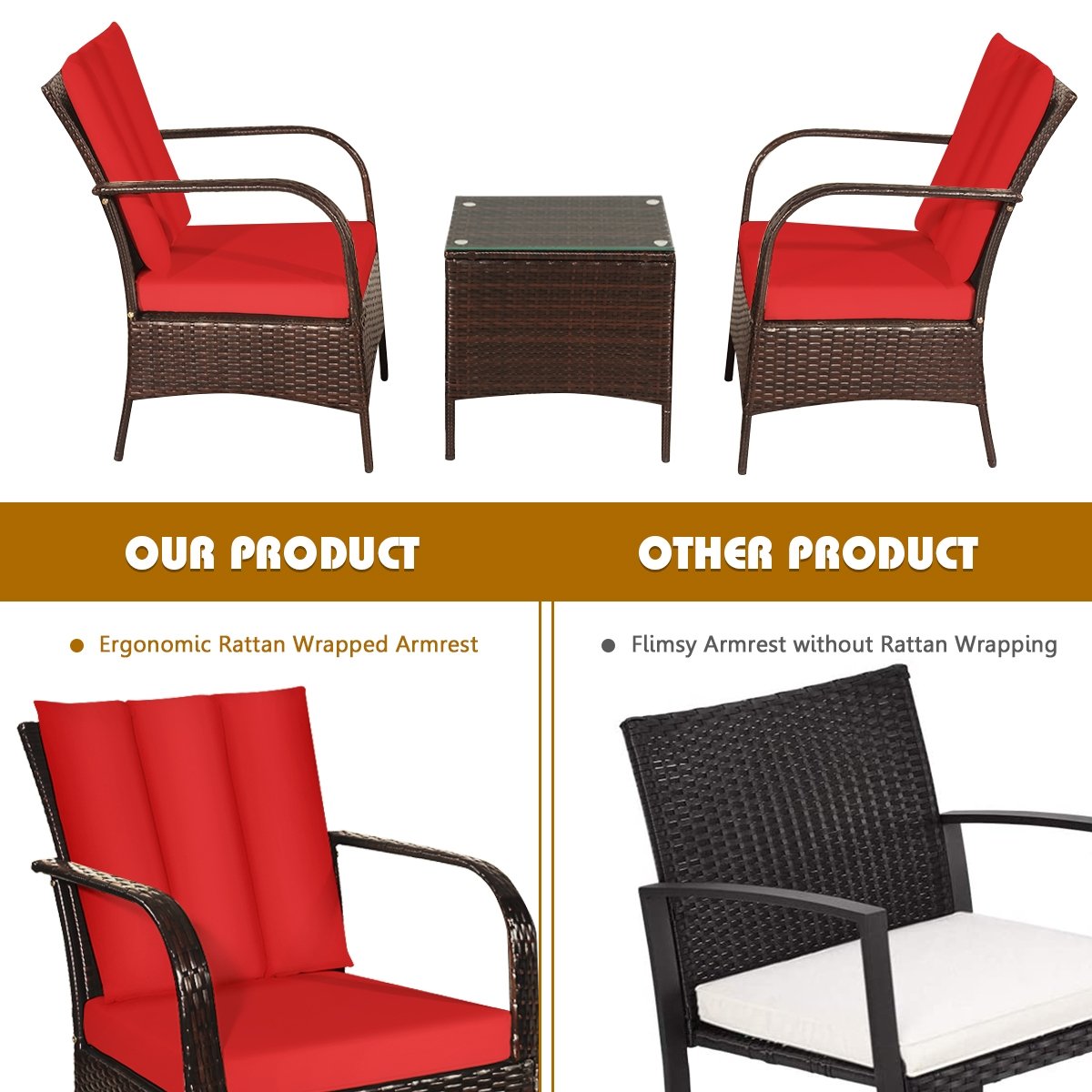 3 Pieces Patio Conversation Rattan Furniture Set with Cushions, Red Patio Conversation Sets   at Gallery Canada