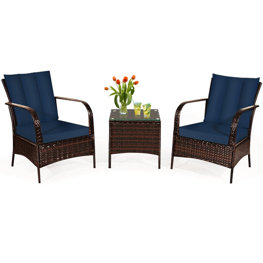 3 Pieces Patio Conversation Rattan Furniture Set with Cushions, Navy Patio Conversation Sets   at Gallery Canada