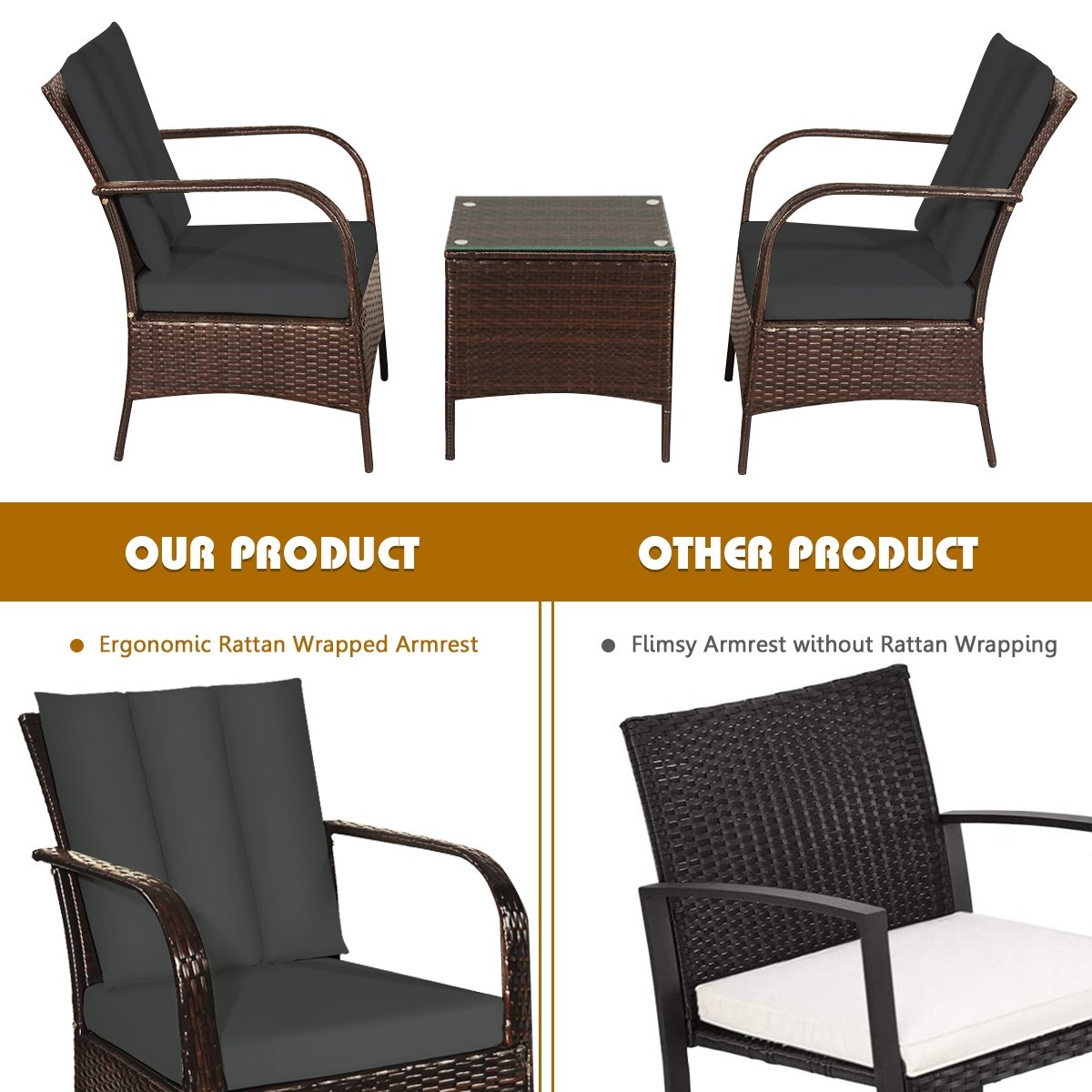 3 Pieces Patio Conversation Rattan Furniture Set with Cushions, Gray Patio Conversation Sets   at Gallery Canada